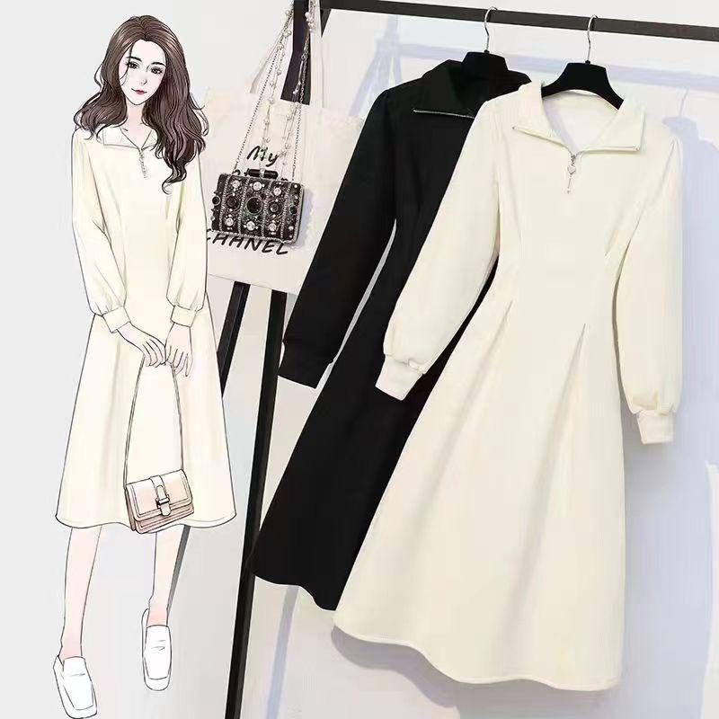 Женское платье-свитер на молнии в корейском стиле больших размеров - плотный бархат, однотонный, повседневная длинная юбка на осень/зиму