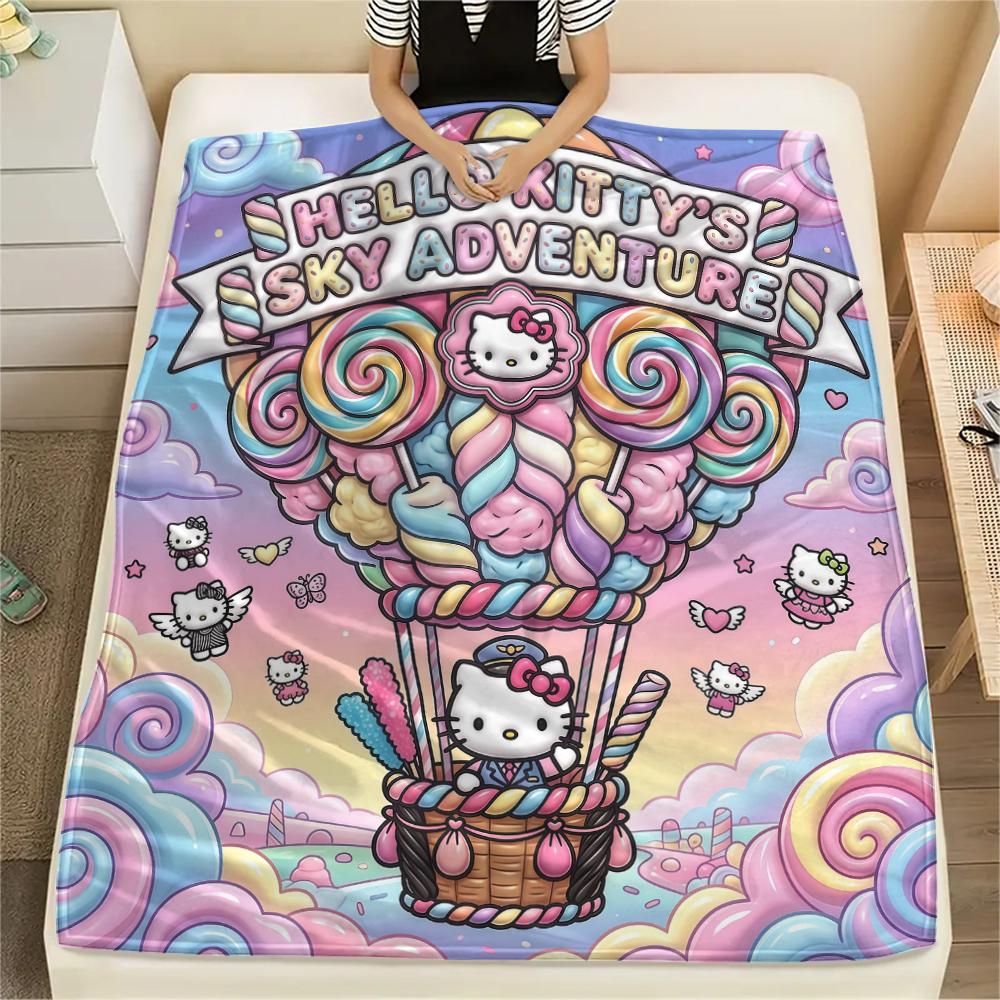 1 шт. Фланелевое одеяло с милым принтом Hello Kitty, Высокое качество, Для всех сезонов, Декор для дома, Тепло и уют, Идеально для рождественских подарков