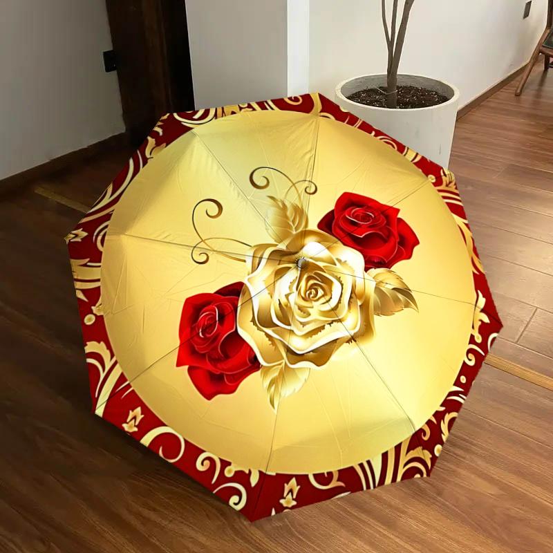 Golden Rose Design Automatic Opening/Closing Umbrella with Elegant Red and Gold Pattern Portable Folding Design,8 Rib Iron Frame Outdoor
