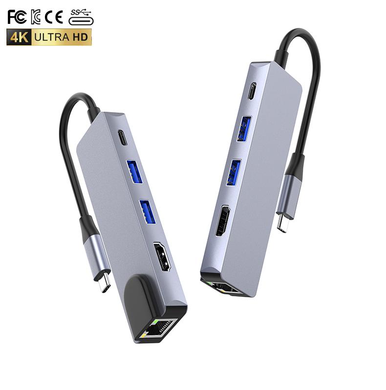 5 in 1 Usb Hub 3.0 to 2USB+PD+HDMI+RJ45(100Mbps) Docking Station Type C hdmi Hub 5 in 1 Type C Adapter for Book Pro