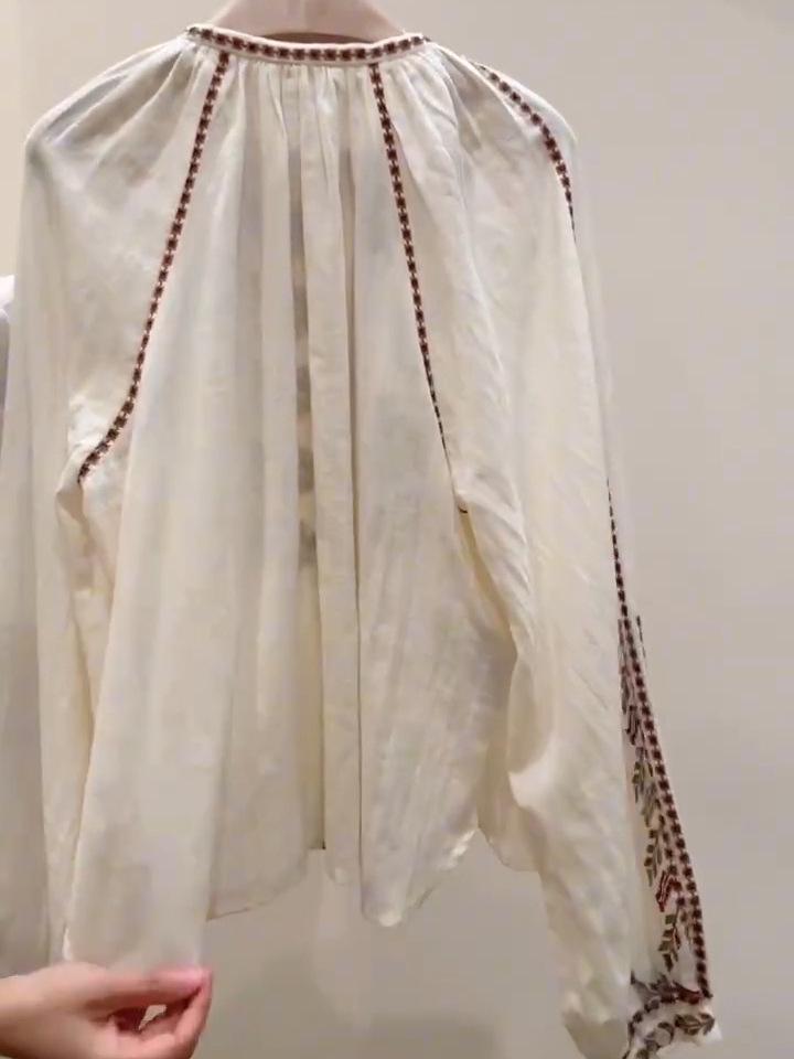 Женская французская этническая вышитая рубашка из чистого хлопка с длинными рукавами-фонариками, ранний сезон 2026