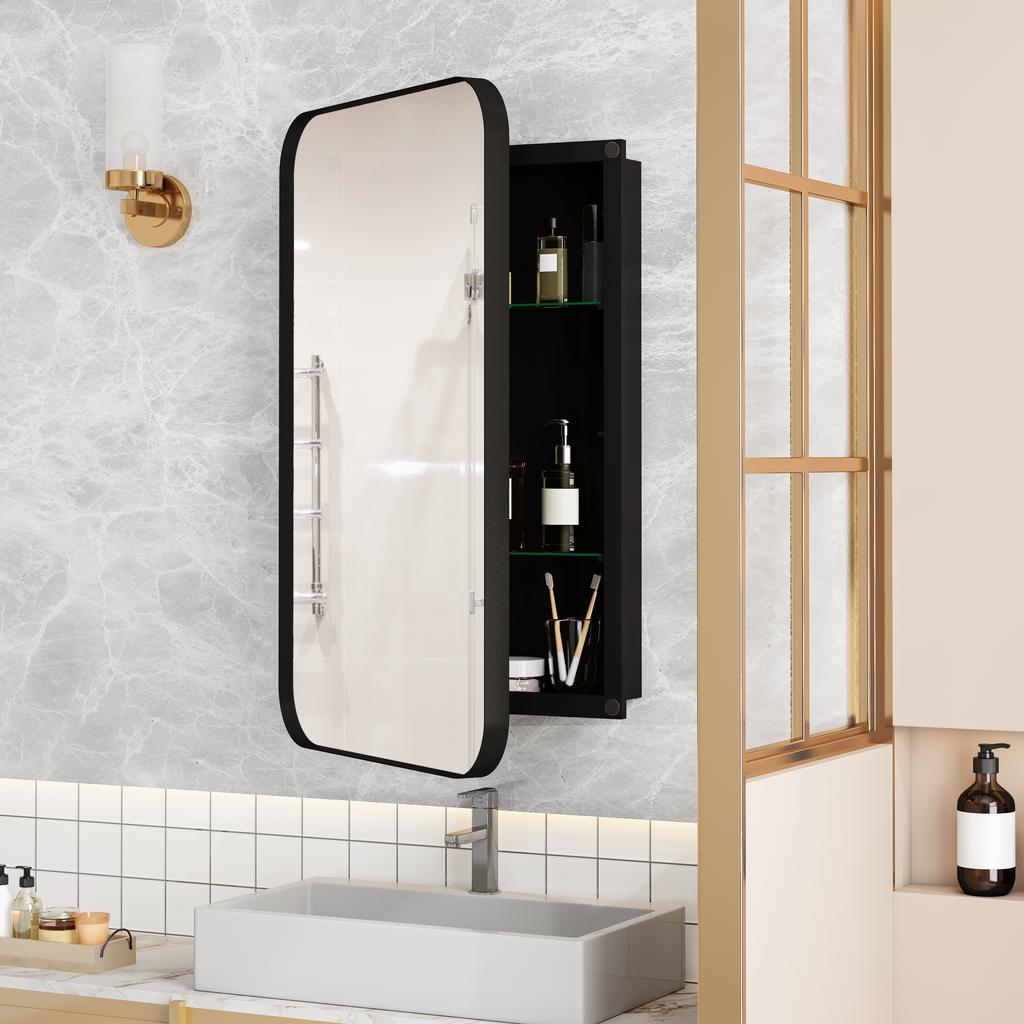 Stylish Rectangle Mirror Cabinet, Recessed Medicine Cabinet, Metal Framed, Adjustable Shelves, Storage for Bathroom, Living Room and Bedroom, Black