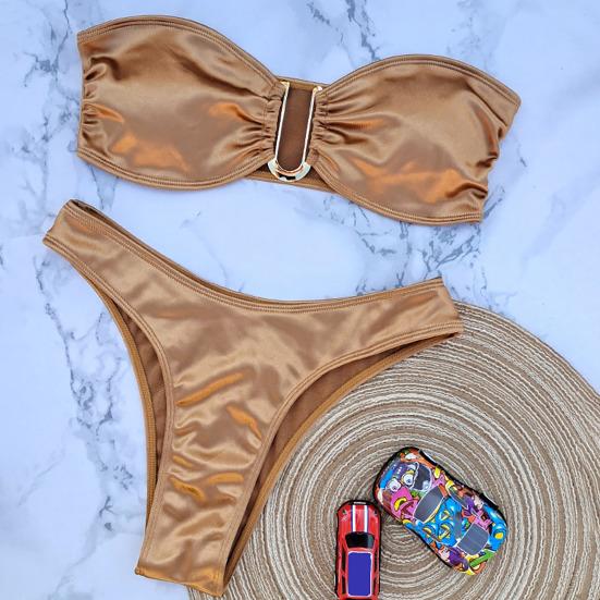 2 шт./компл. женский комплект бикини с открытыми плечами без бретелек атласный эластичный быстросохнущий мягкий беспроводной горячий купальный костюм женский купальник купальник