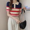 Women's Polo Collar Striped Knit T-Shirt - Contrast Color, Short Sleeve, Slim Fit, Stylish, Age-Reducing, Versatile Summer Top