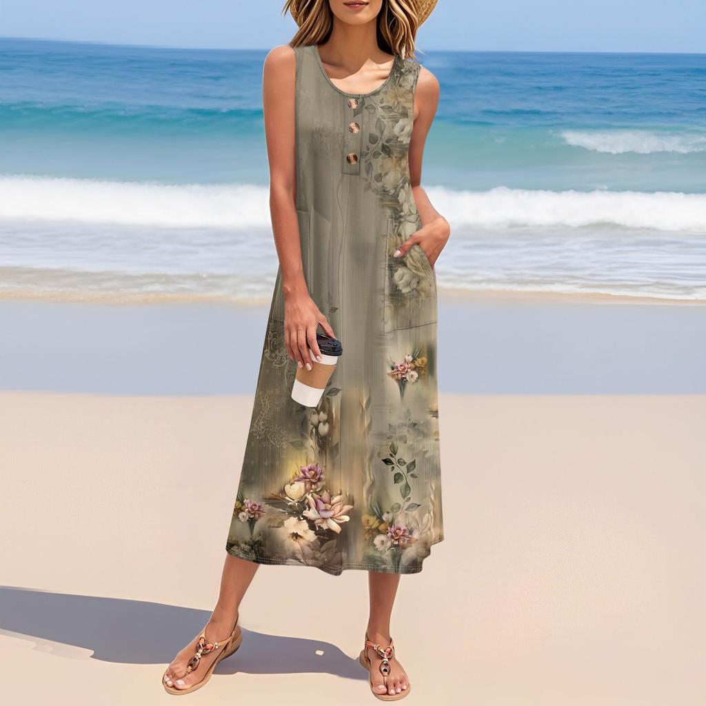 Женское летнее платье с цветочным принтом без рукавов на пуговицах, повседневный свободный длинный пляжный сарафан