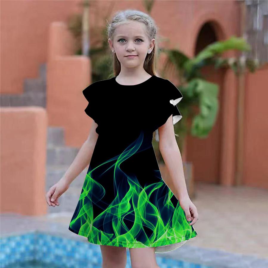 Платья с принтом синего пламени для девочек. Детское праздничное платье для девочек. Свободный крой. Свободная юбка с короткими рукавами для девочек старше четырех лет.
