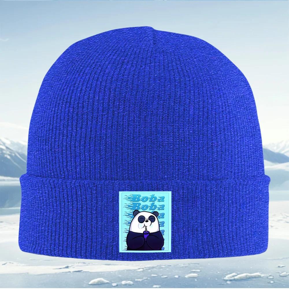 Happy panda boba tea drink Unisex Women Unisex Knitted Hat Beanie Pullover Cap Winter Thermal Warm Christmas Outdoor Cycling Hiking