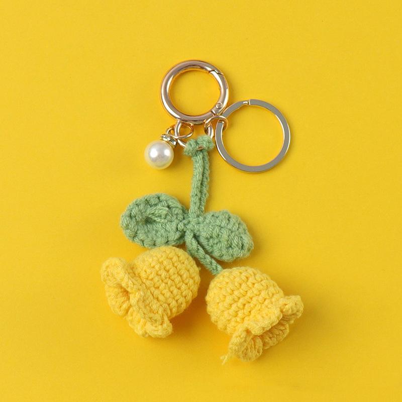 Women Bell Orchid Keychain With Bell Cute Crocheted Handbag Charms Wind Chimes Flower Keyring Bag Pendants Handmade Knitted
