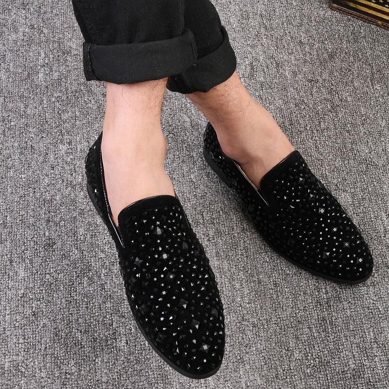 Fashion Man Loafers Shoes Genuine Leather Casual Fashion Mens Rhinestone Driving Shoes Man Flats Dress Wedding Slip-on Club Shoe