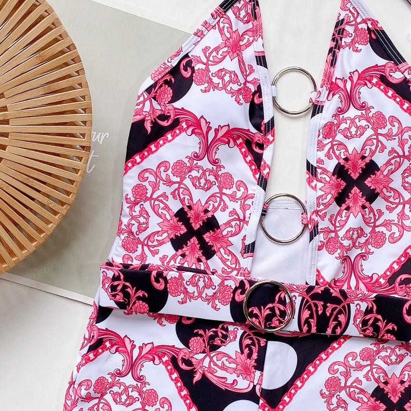 Сексуальный женский купальник, модное бикини с принтом и полым шейным ремешком, цельное бикини, пляжная одежда