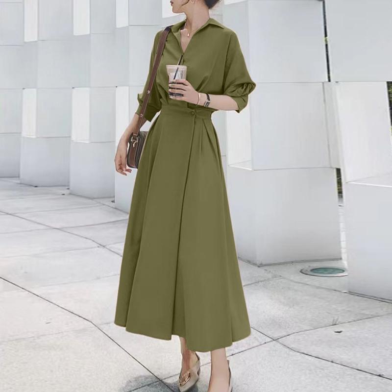ZANZEA Women Turn Down Collar Loose Casual 3/4 Sleeve Long Dress
