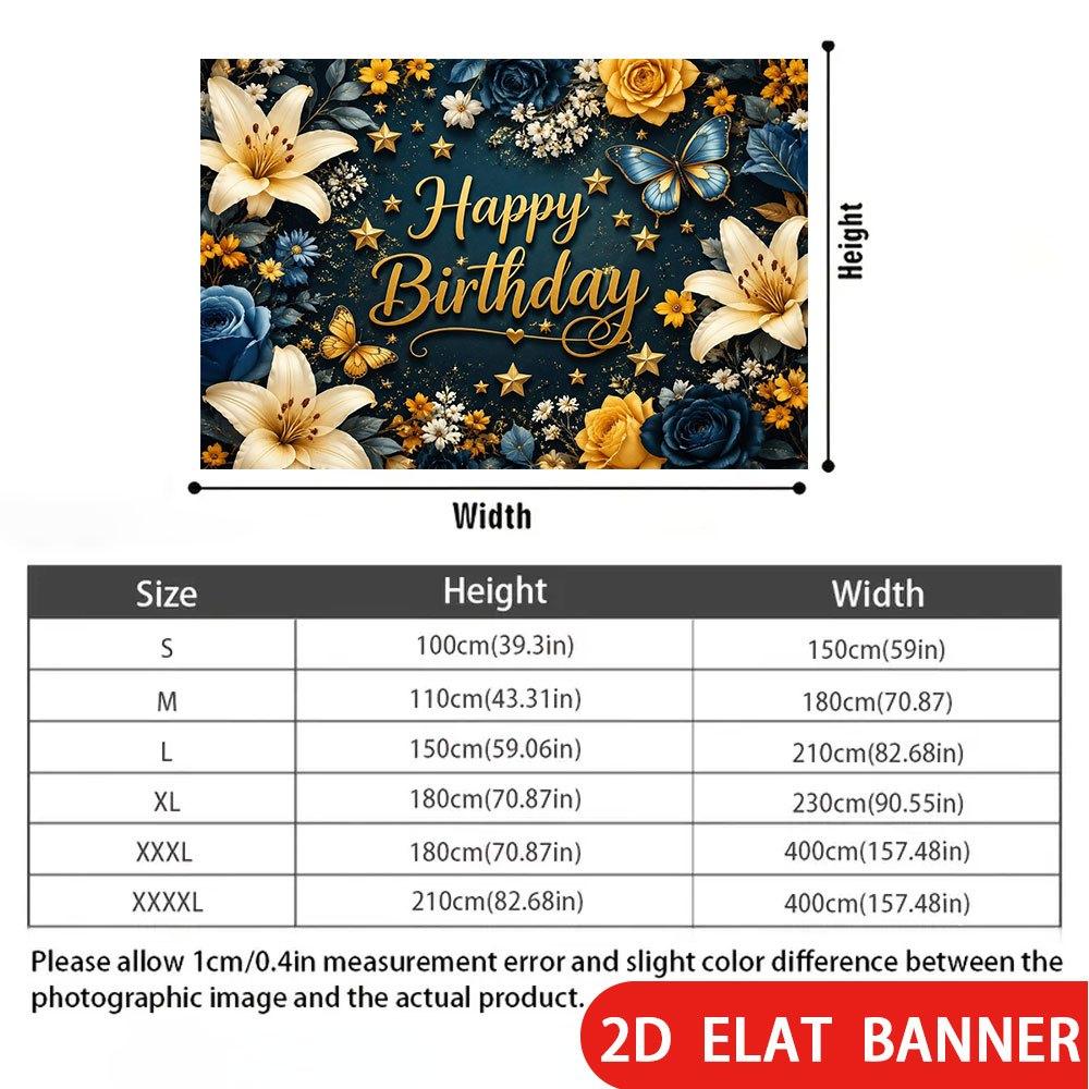 2D Flat Banner, Birthday Backdrop, Yellow and Blue Roses, Lilies, Butterflies, Stars, Polyester