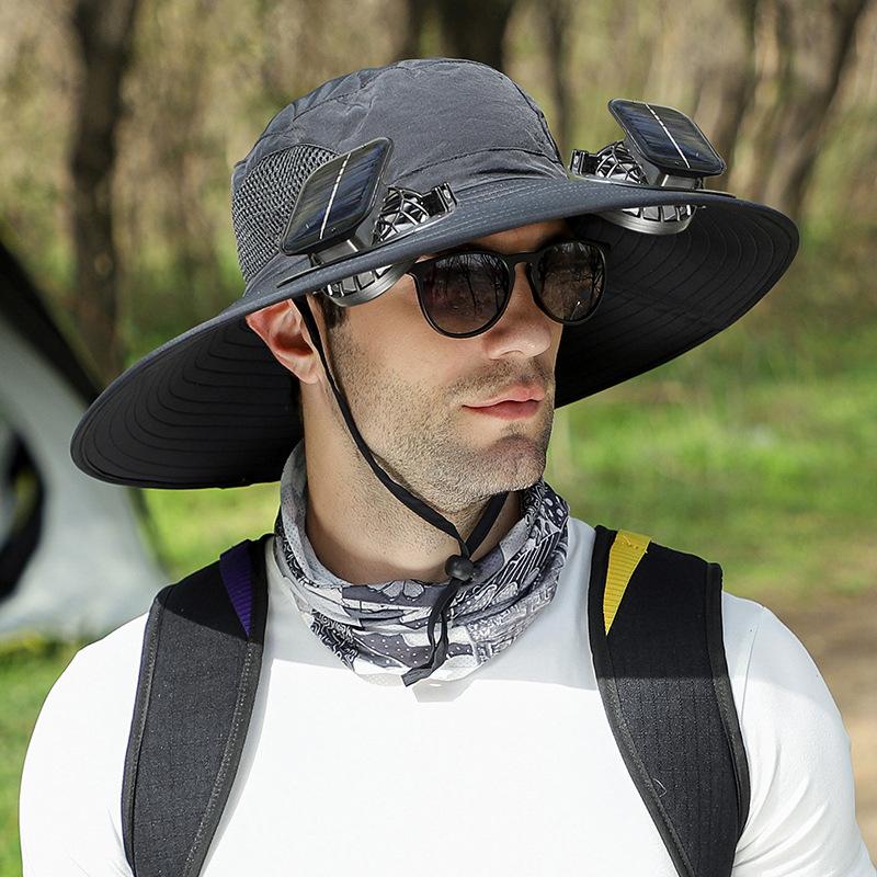 Rechargeable Solar Fan Hat - Adjustable Wide Brim (60cm) Fishing Cap with Dual Cooling Fans & UV Protection Outdoor Bucket Hat