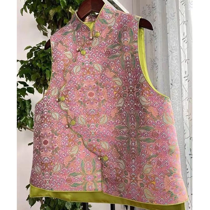 «Женская жилетка с асимметричным воротником и розовым принтом 2024 года в китайском стиле, идеально подходит для весны, осени и зимы»