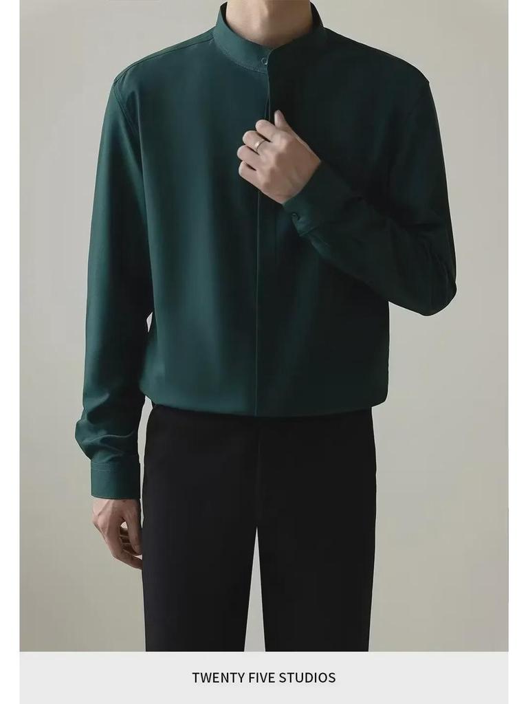 Men's Slim Fit Long-Sleeve Stand Collar Shirt - Silky, Non-Iron, Solid Color, Casual Business Attire for Spring and Autumn