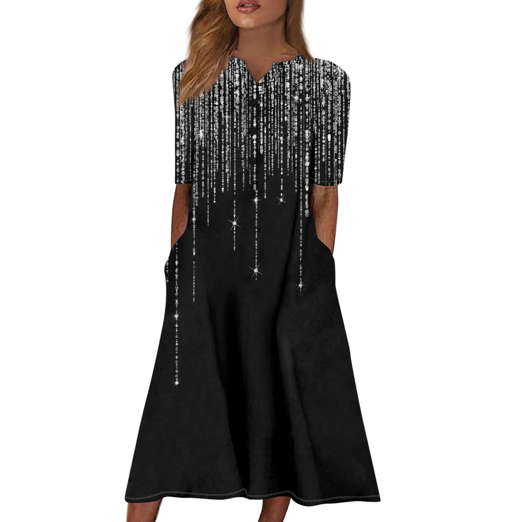 Women's Summer Casual Printed V-Neck Short-Sleeve Swing Dress