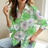 Women's Lapel Long Sleeve Blouse with Watercolor Green Pink Floral Print, Soft Casual Top