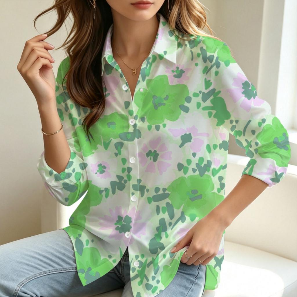 Women's Lapel Long Sleeve Blouse with Watercolor Green Pink Floral Print, Soft Casual Top