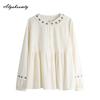 Japanese Mori Girl Spring Autumn Women Blouse Floral Embroidery Apricot Shirt Oversized Loose Cotton Blouse