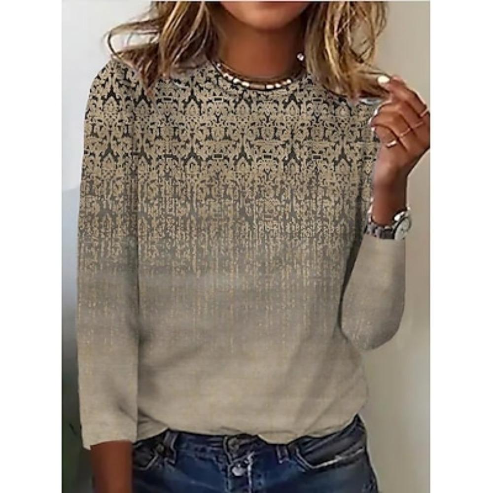 Женская рубашка блузка с принтом повседневная выходная уличная одежда повседневная с длинным рукавом круглый вырез синяя весна осень