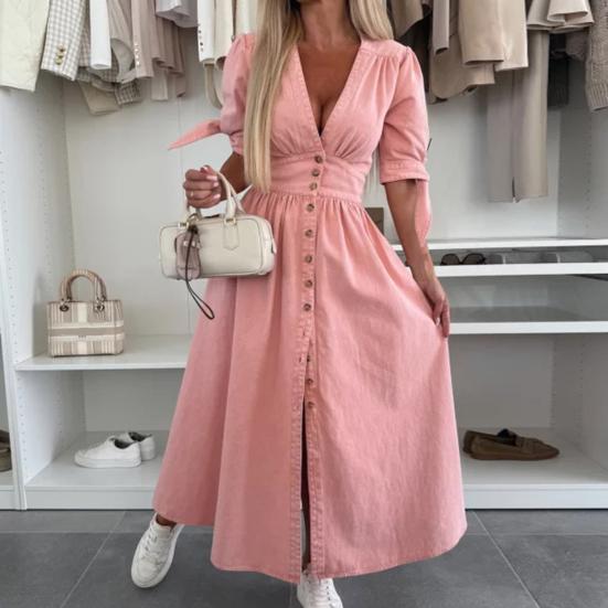Женское джинсовое длинное платье с V-образным вырезом и коротким рукавом, застегивающееся на пуговицы, макси-платье, повседневное