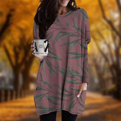 Новинка осени с принтом листьев старинных деревьев больших размеров женское платье с круглым вырезом и длинными рукавами повседневные платья с карманами