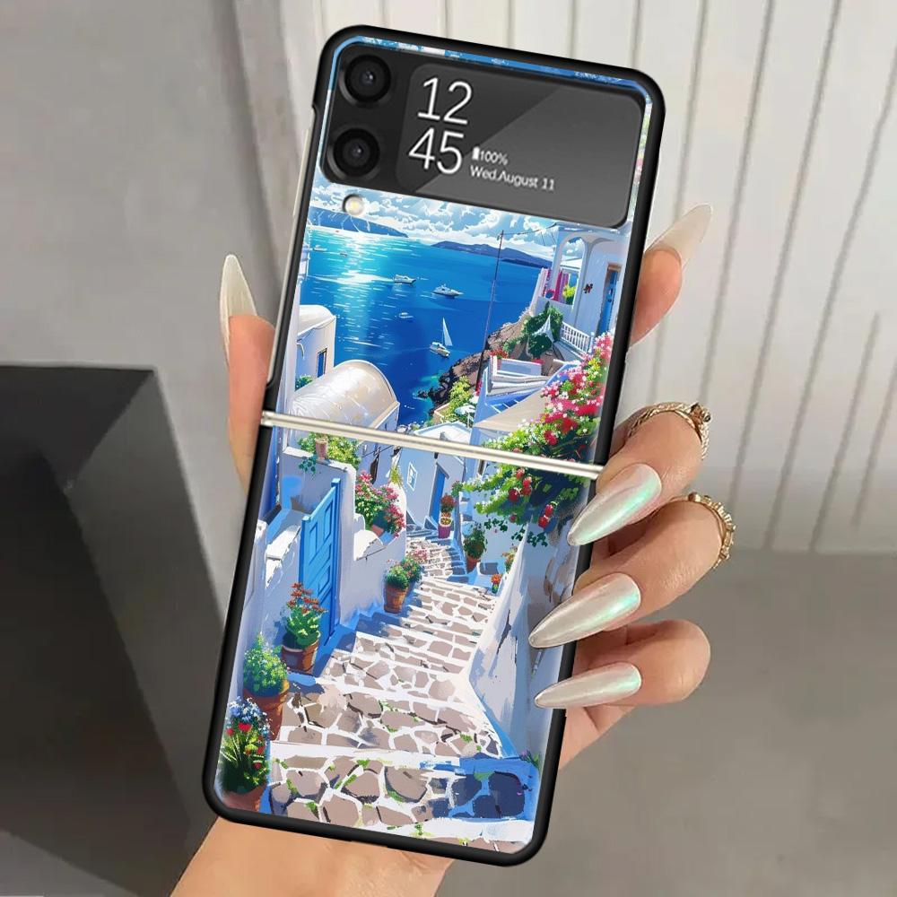 Греция Летом Санторини Жесткий ПК Чехол для Телефона Для Samsung Galaxy Z Flip 7 6 5 4 3 Черный ZFlip7 ZFlip6 Flip5 Flip4 Flip3 5G Печать