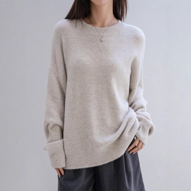 Womens Oversized Crew Neck Knit Sweater Loose Fit Casual Pullover Winter Solid Color Acrylic Blend