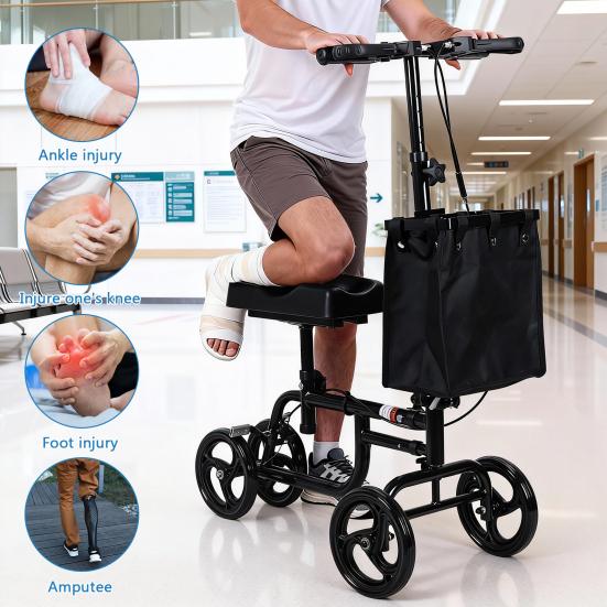 Steerable Leg Scooter Knee with Rear Wheel Brake Locking Handbrake, Crutches Alternative Adults Walker All-Terrains Canvas Bag, Adjustable for Broken