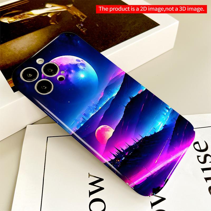 2DFlat Neon Moonscape Cityscape Wallpaper All inclusive film hard iPhone case, compatible with iPhone 18 Pro Max 17 16 15 14 13 12 11