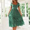 Повседневное платье с квадратным вырезом, французское пышное платье с короткими рукавами и принтом в горошек, женское летнее платье трапециевидной формы с тонкой талией, зеленое платье, длинный халат 24940