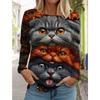 Christmas Women's Round Neck Long Sleeve Kitten Print Long Sleeve 3d Print Holiday Pullover Long Sleeve Spring and Autumn