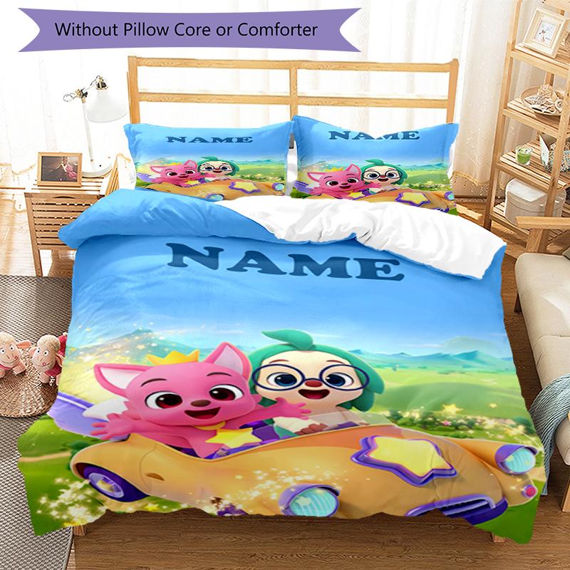 3pcs Custom Name Pinkfong Wonderstar Bedding Set Duvet Cover Closure Includes 1 Duvet Cover & 2 Pillowcases, Soft and Comfortable for All Seasons.