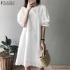 Women Elegant Puff Sleeve Front Lace Crochet Patchwork Casual Tunic Dress