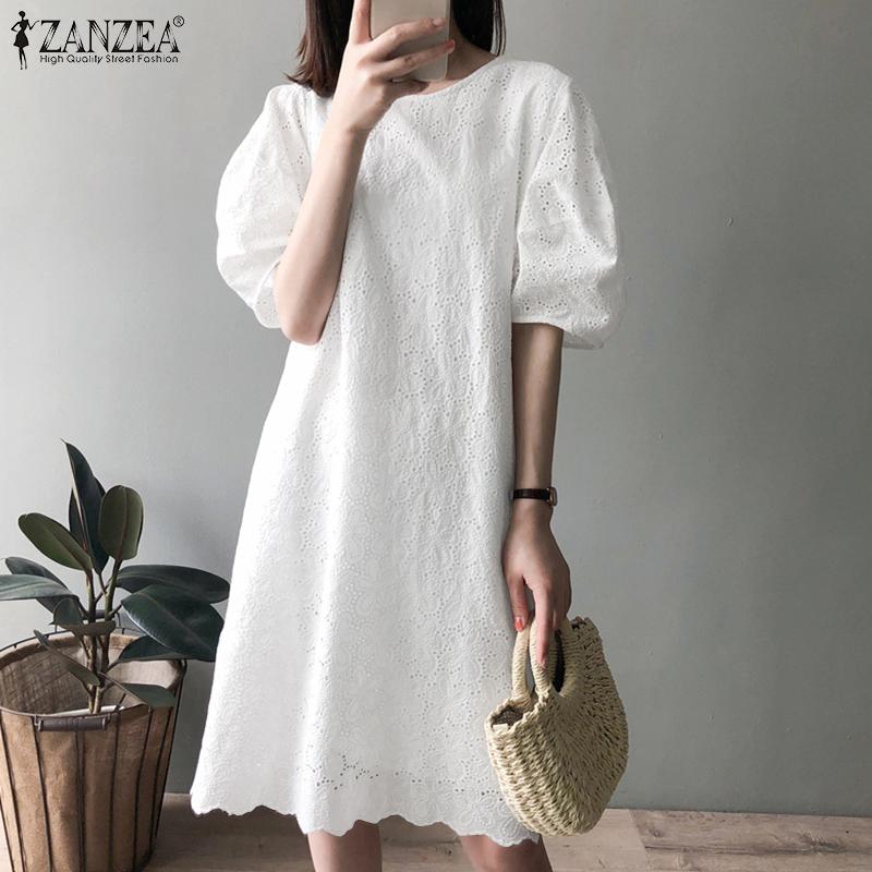 ZANZEA Женское элегантное платье-туника с пышными рукавами, кружевной вставкой спереди, крючком, пэчворк, в повседневном стиле