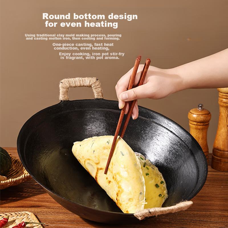 Cast Iron Wok, Non-Coated Stir-Fry Pan, Stew Pot, Non-Stick, Traditional Double-Handled Pot for Home Use, 34cm