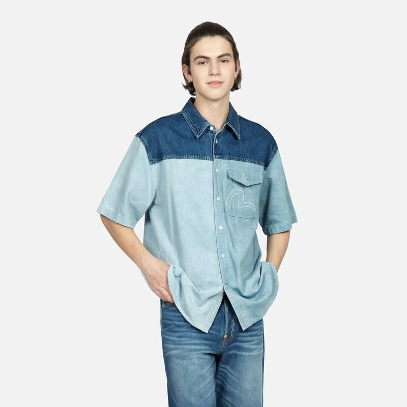 Evisu Рубашка с коротким рукавом, с цветочным принтом и логотипом в стиле пэчворк, мужская, джинсово-синяя 2ESHTM3SS118LFDN