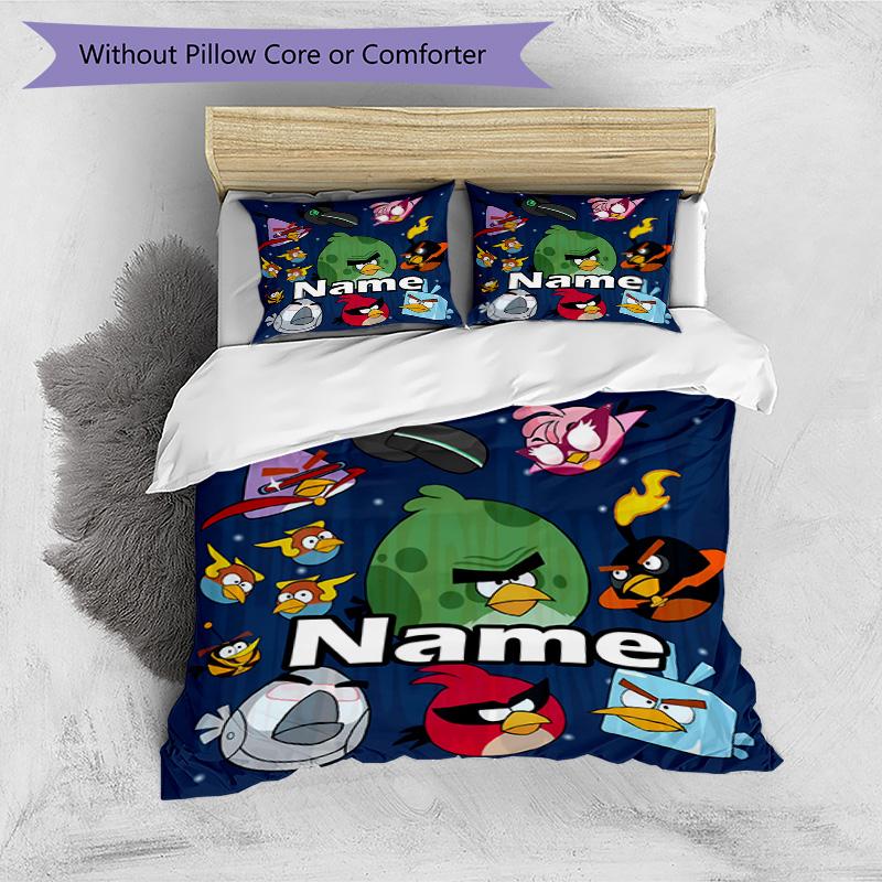 3pcs Duvet Cover Set (1*Duvet Cover + 2*Pillowcase, Without Core), Custom Name Angry Birds Pattern Bedding Set, Home Bedroom Decor Gift