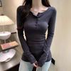 Women's Slim Fit Button Down Long Sleeve Shirt Early Autumn Simple Top Student Shoulder Inner Wear Bottoming Blouse