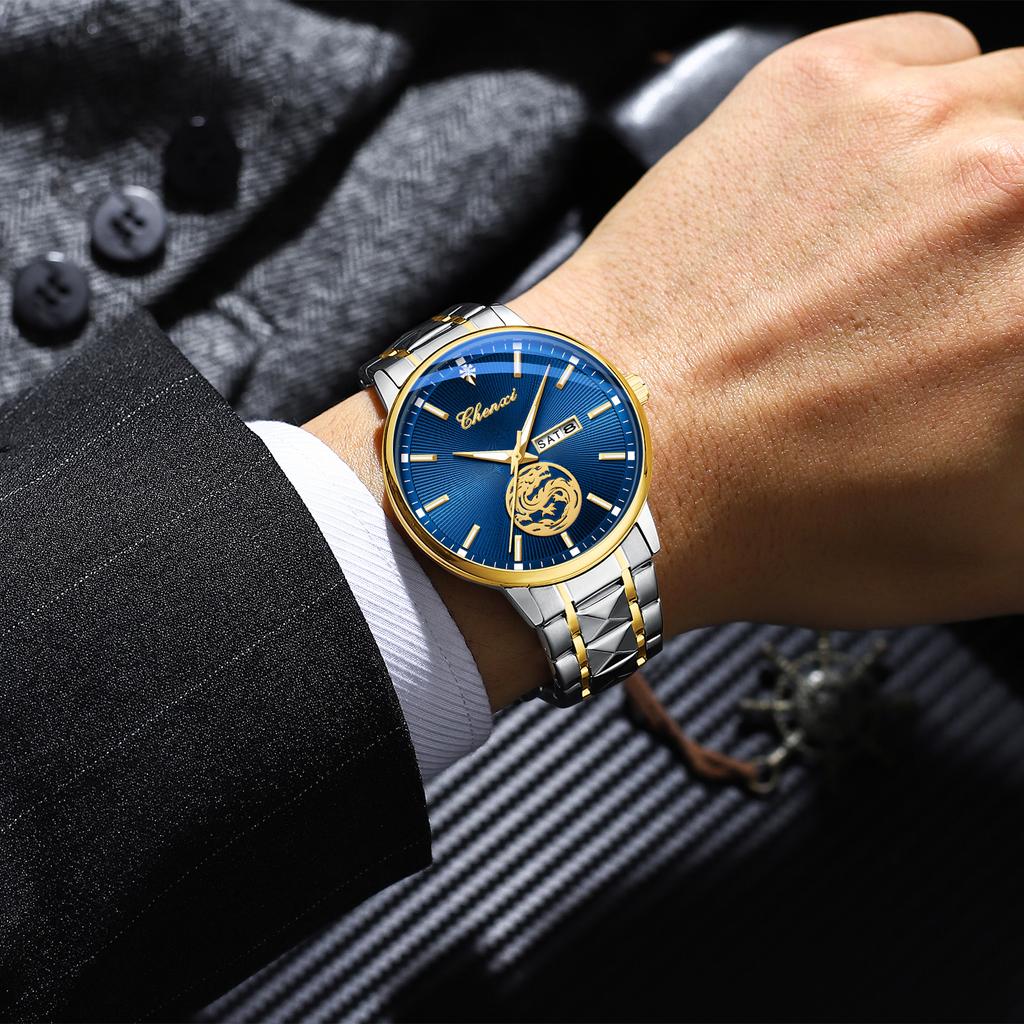Chenxi Luxury Watch Men Golden Dragon Pattern Stainless Steel Fashion Quartz Wristwatches Curved Mirror Watches For Men Business