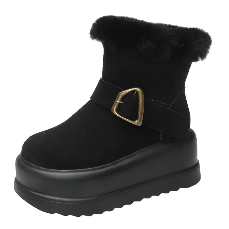Мода 8 см Новые Женские Теплые Плюшевые Снежные Ботинки Нескользящие Зимние Ботинки Замшевая Кожа Массивные Кроссовки Толстый Мех Высокая Платформа Ботильоны