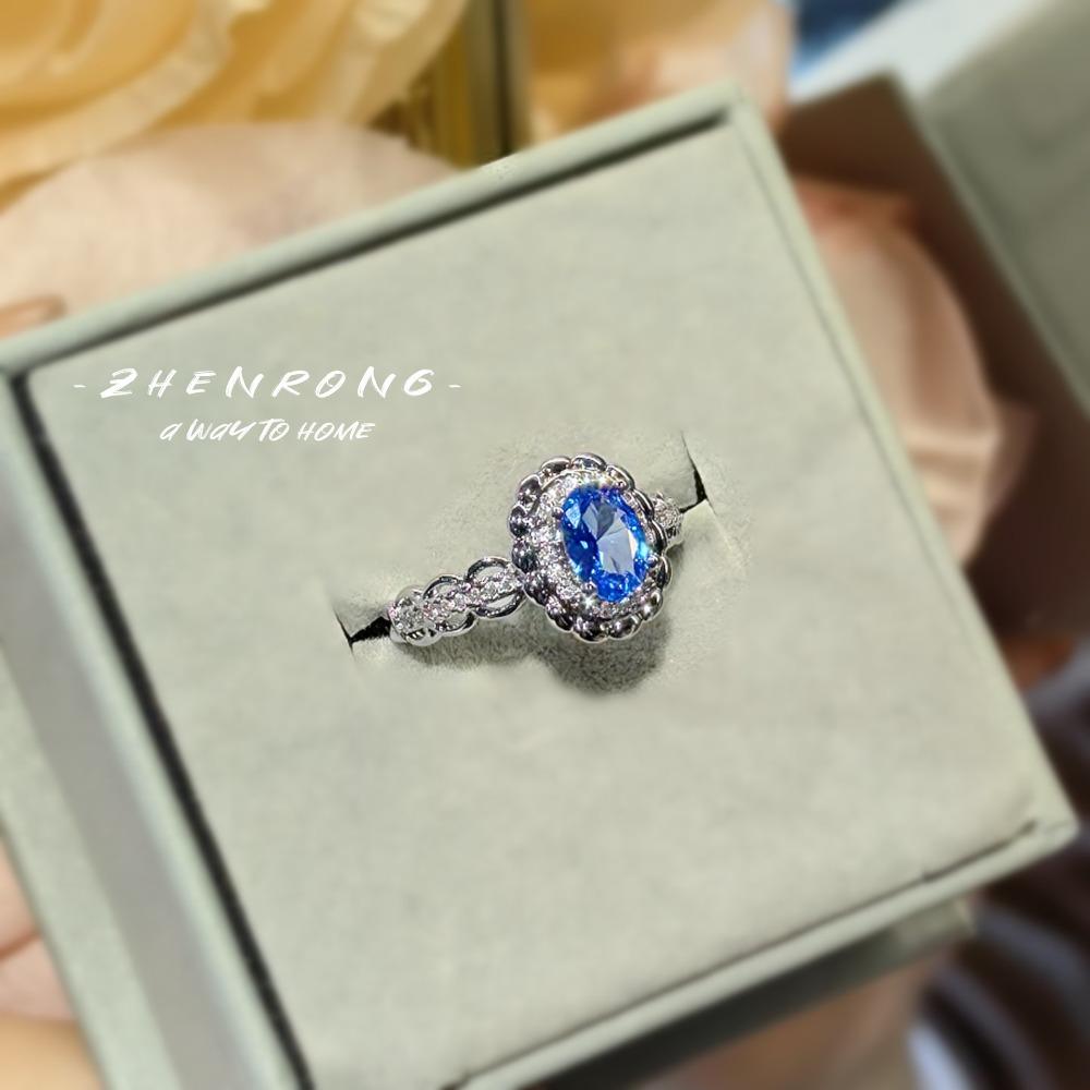 Women's 3Ct Synthetic Blue Sapphire Open Ring Light Luxury Spinel High Carbon Diamond Unique Daily Jewelry