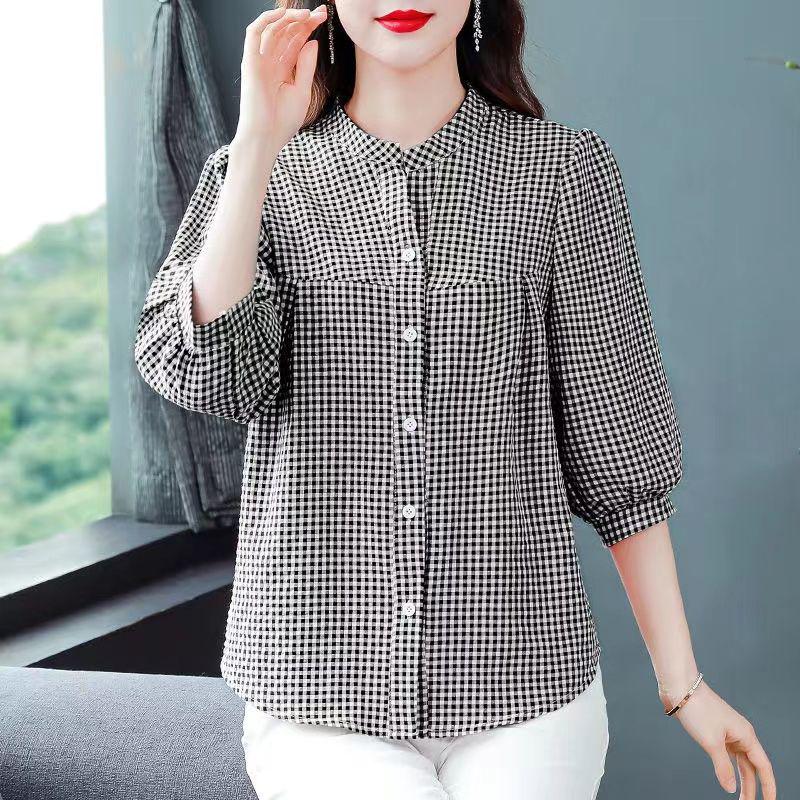 Женская модная красная клетчатая блузка со стойкой - Семь рукавов, свободный крой для лета 2025