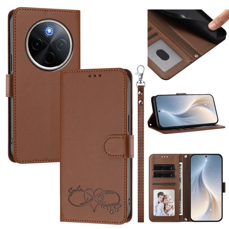 Happy Heart Pattern Magnetic Closure Vegan Leather Phone Case With Wrist Strap For vivo X200 FE