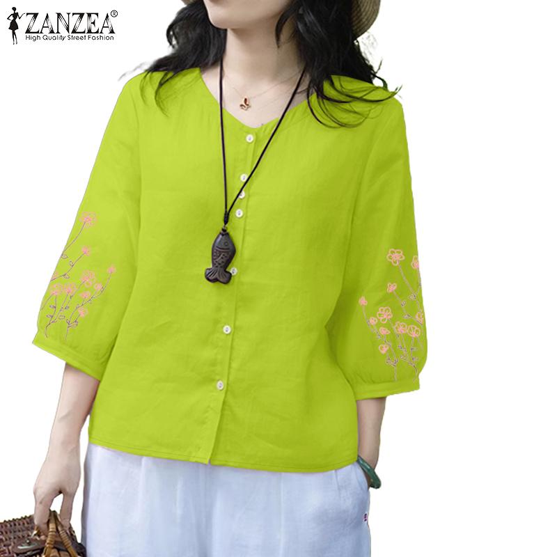 ZANZEA Women Casual Floral Print 3/4 Sleeve Loose Round Neck Blouse
