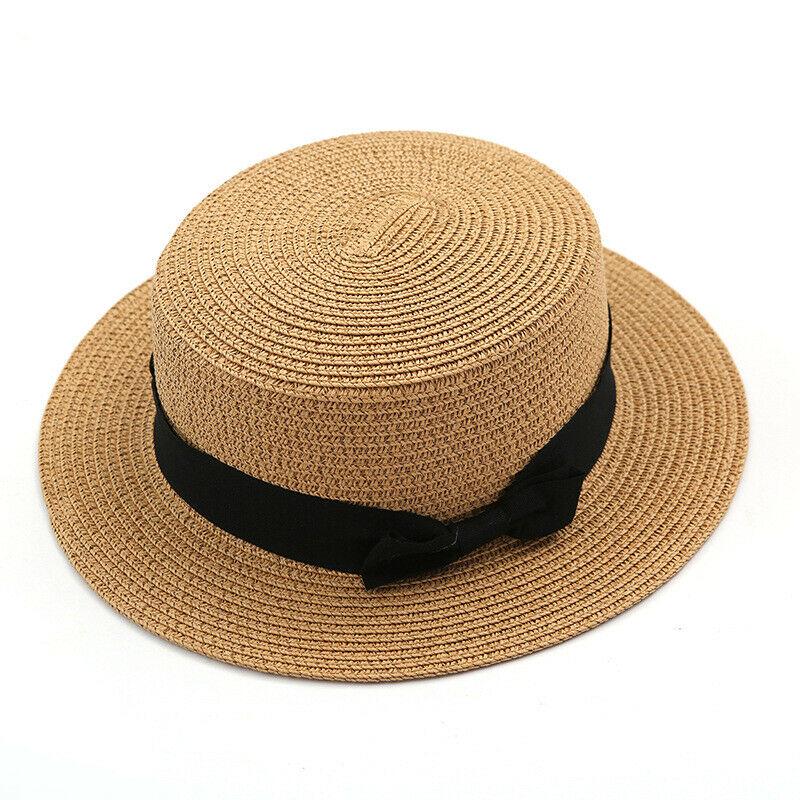 Round Flat Caps Women Large Brim Straw Bowler Boater Sun Hat Ladies Summer Beach Travel Solid Sunhat