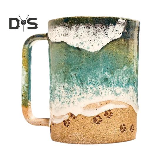 Paw Print Ocean Shoreline Mug Ceramic Coffee Cup Handmade Waves Pattern Tea Mug 11oz/15oz Sea Foam Claw Drinking Mug Beach Souvenir Gift