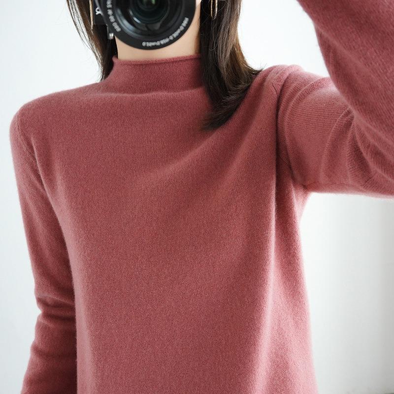 Осенне-зимний женский свитер из чистой шерсти, пуловер с полувысоким закругленным краем, свитер с длинными рукавами, тонкий трикотаж