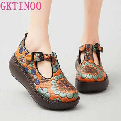 Мода GKTINOO 2024 Новые туфли-лодочки из натуральной кожи Женская обувь Принт Весна Осень Ретро Ремешок с пряжкой Высокий каблук Женская обувь