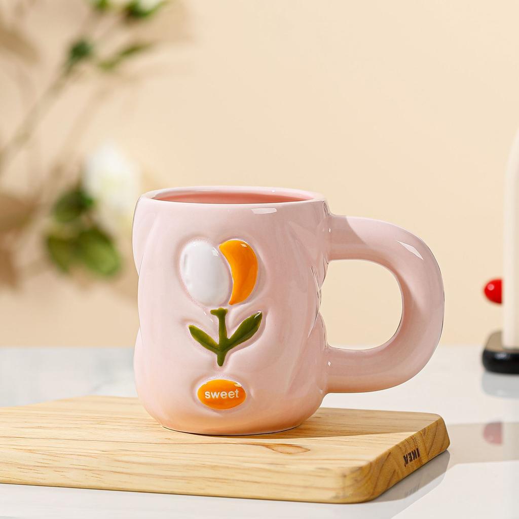 Small Fresh Small Flower Relief Three Dimensional Ceramic Cup for Girls' Office High Value Mug High Temperature Water Cup